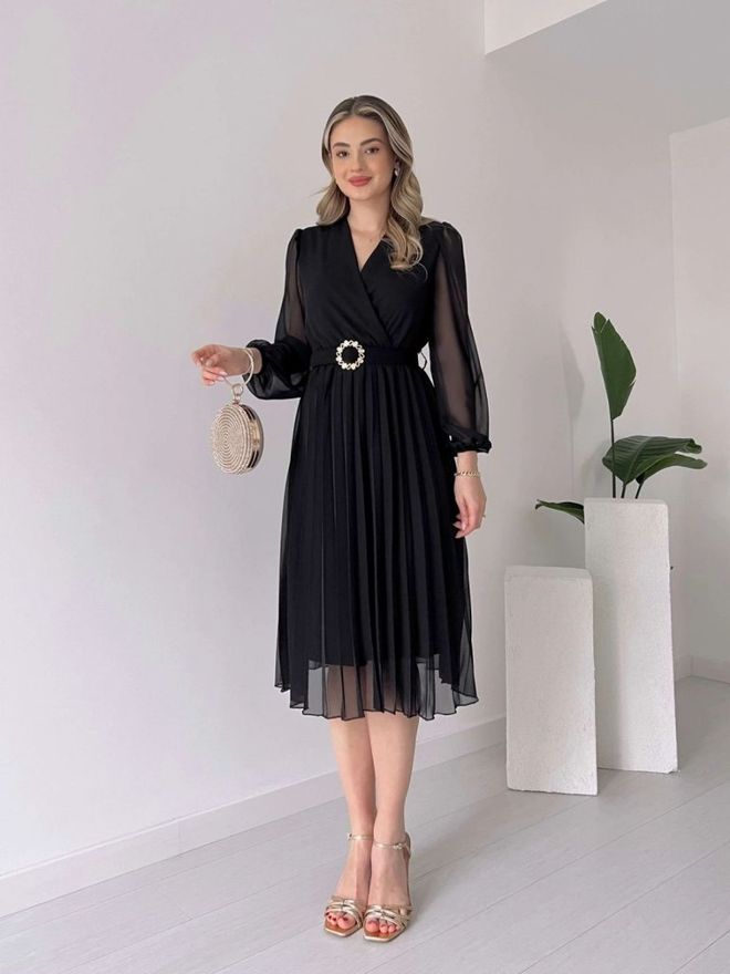 Janes Vestido Negro Elegante Envolvente Con Escote En V Y Manga Larga Midi Ropa al por mayor Formal