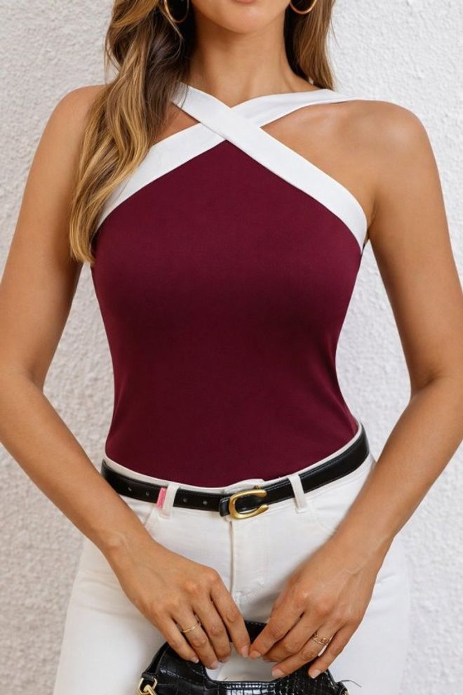 Janes Bluzka Bordowa Czerwień Slim Fit Dekolt Typu Halter Bez Rękawów Hurtowa sprzedaż odzieży Casual