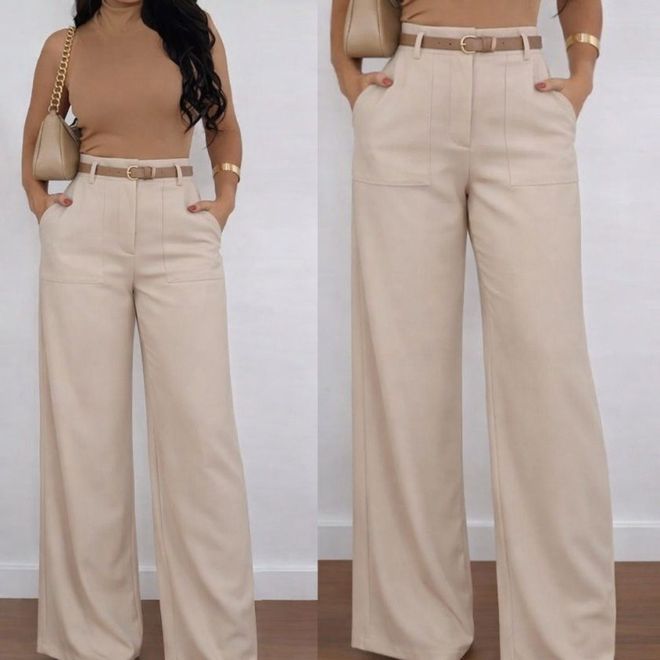 Janes Beżowe Spodnie Palazzo Z Wysokim Stanem I Zapięciem Na Guziki Hurtowa sprzedaż odzieży Casual