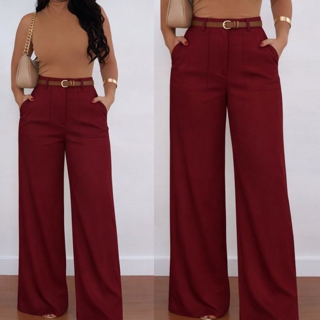 Janes Spodnie Bordowa Czerwień Palazzo Szeroka Nogawka Wysoki Stan Hurtowa sprzedaż odzieży Casual