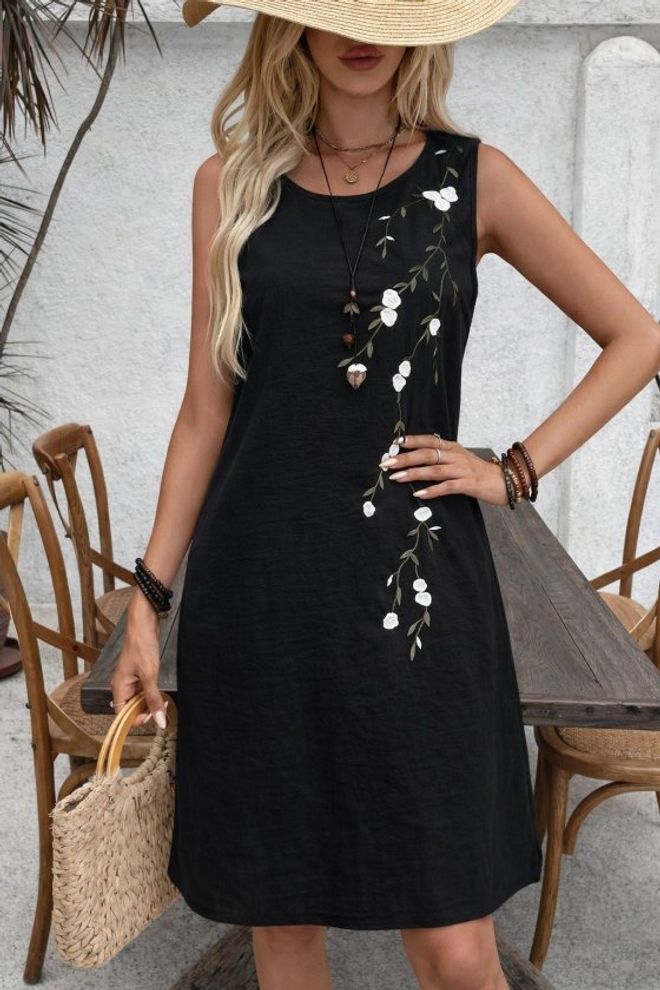 Janes Czarna Kwiatowa Sukienka Casual Boho Shift Długość Do Kolan Hurtowa sprzedaż odzieży Casual