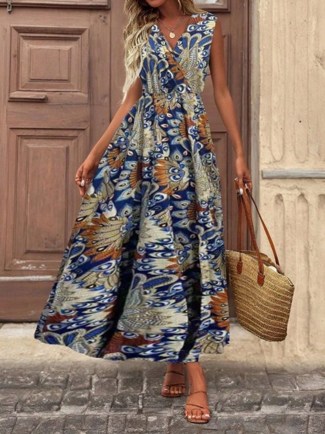 Janes Vestido Azul Boho Maxi Cruzado Floral Con Escote En V Ropa al por mayor Casual