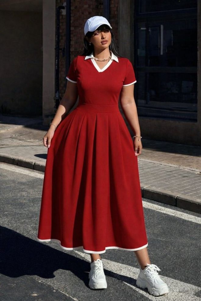 Janes Red Fit And Flare Midi Dress With V Neck Wholesale Clothing Modest