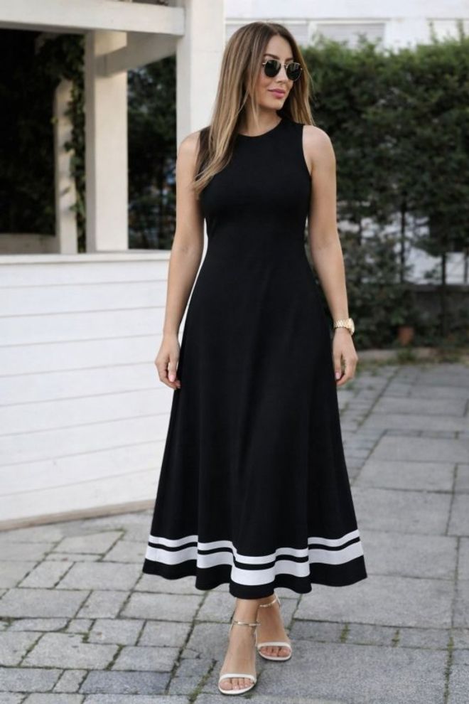Janes Black A Line Elegant Sleeveless Midi Dress Wholesale Clothing Casual