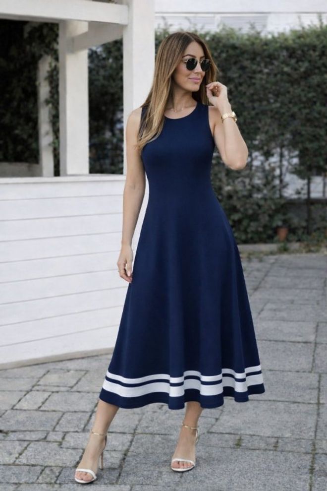 Janes Navy Blue Fit And Flare Dress Wholesale Clothing 1
