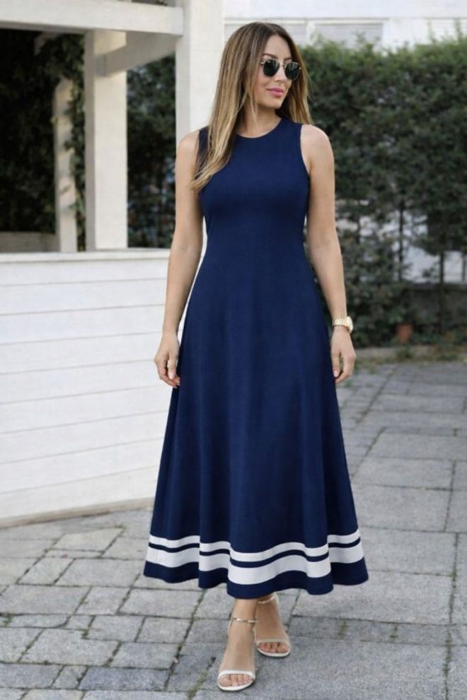 Janes Navy Blue Fit And Flare Dress Wholesale Clothing Casual