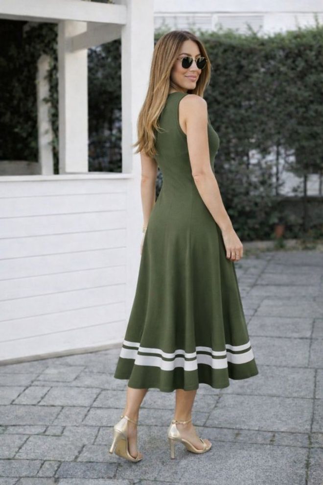 Janes Green Color Block Elegant Midi A Line Dress Wholesale Clothing Work