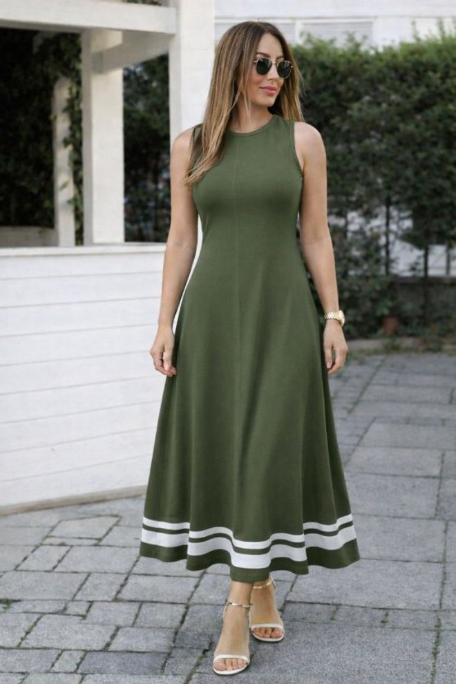 Janes Green Color Block Elegant Midi A Line Dress Wholesale Clothing Casual