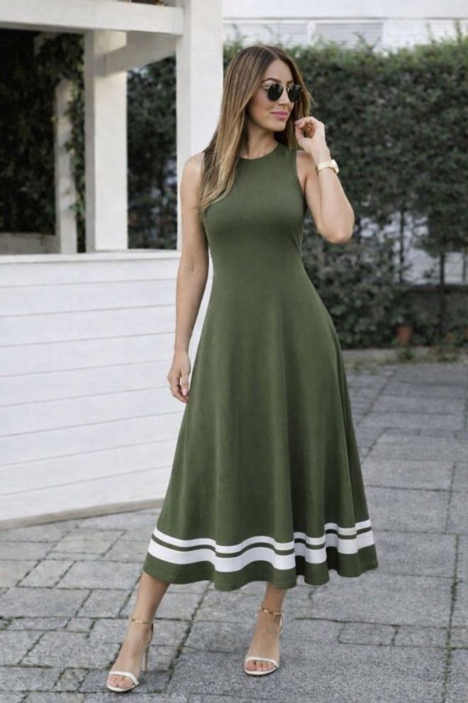 Janes Green Color Block Elegant Midi A Line Dress Wholesale Clothing 1