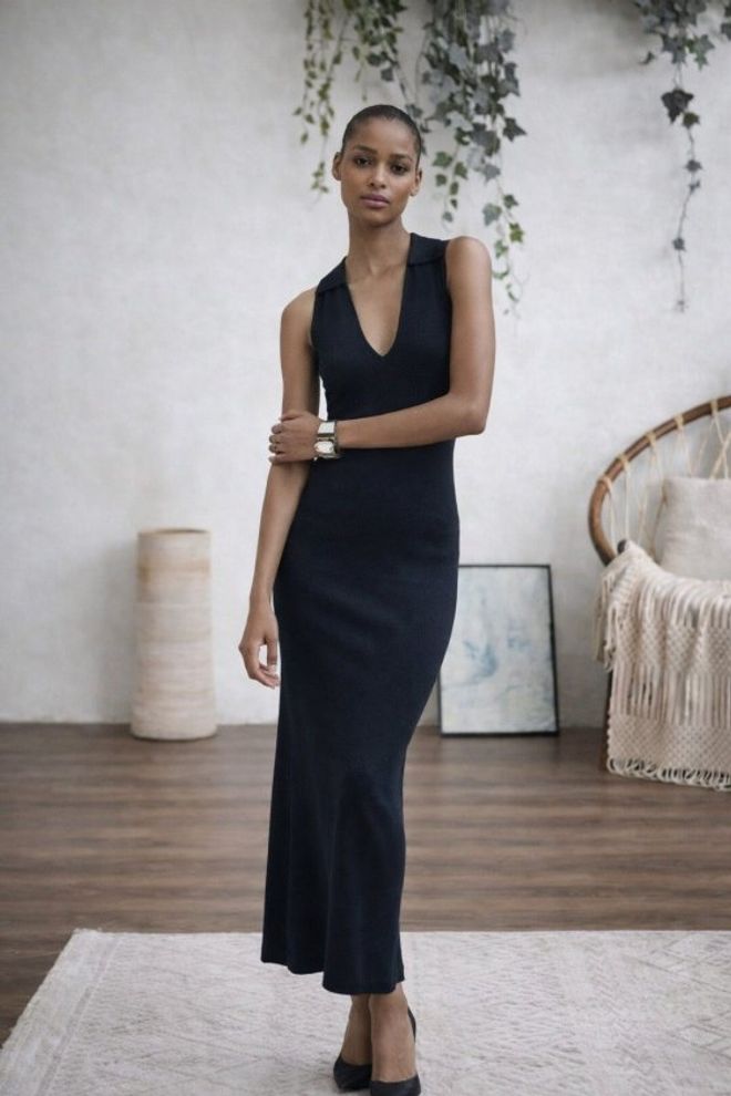 Janes Elegante Zwarte Strakke Maxi Jurk Met V hals Groothandel Kleding Sexy