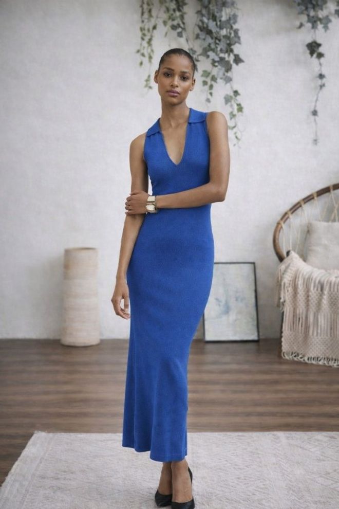 Janes Blauwe Elegante Bodycon Maxi Jurk Met V hals Groothandel Kleding Casual
