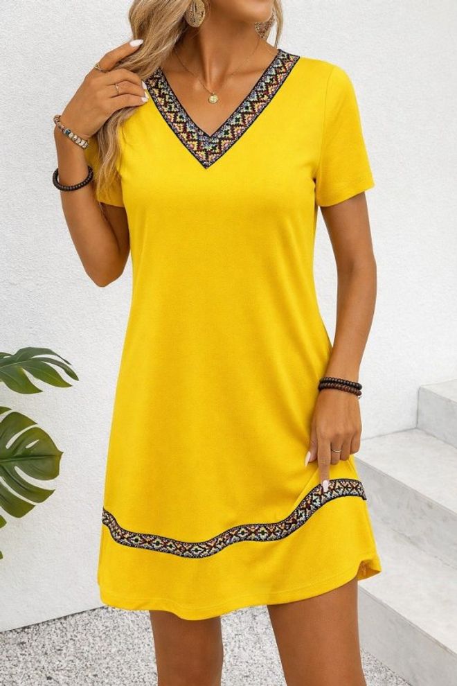 Janes Sarı Gündelik Etnik Düz Elbise V Yaka İle Toptan Giyim 1
