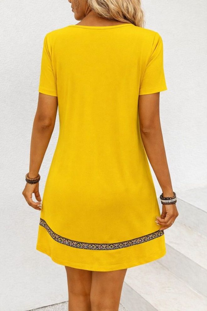 Janes Sarı Gündelik Etnik Düz Elbise V Yaka İle Toptan Giyim Sahil Giyim