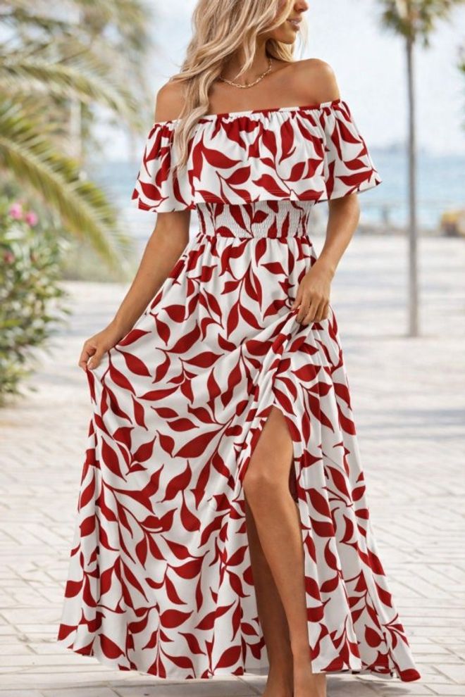 Janes Crvena Haljina Fit And Flare Maxi Sa Ovratnikom Bez Ramen Veleprodaja odjeće Ležerni