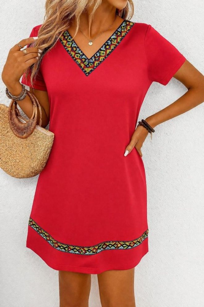 Janes Red Ethnic Casual Shift Mini Dress Wholesale Clothing Casual