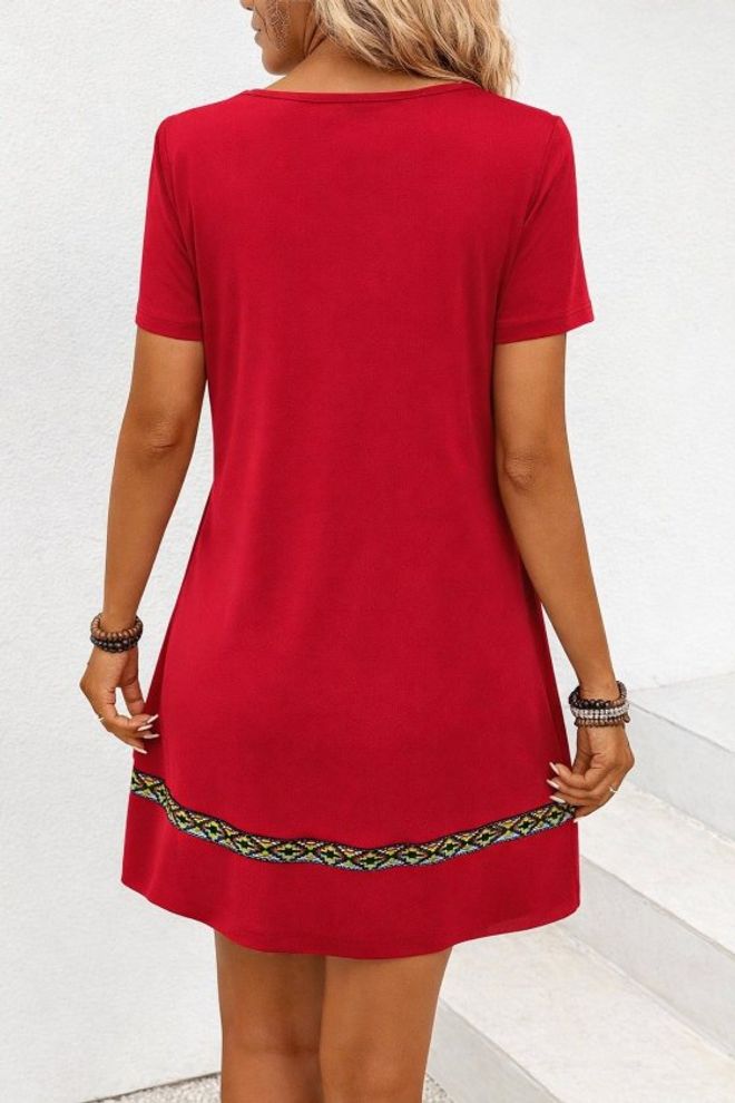 Janes Kırmızı Etnik Gündelik Düz Mini Elbise Toptan Giyim Sahil Giyim