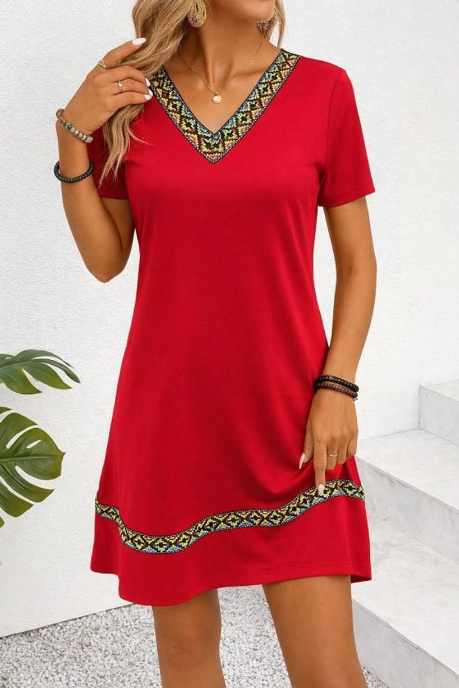 Janes Kırmızı Etnik Gündelik Düz Mini Elbise Toptan Giyim 1