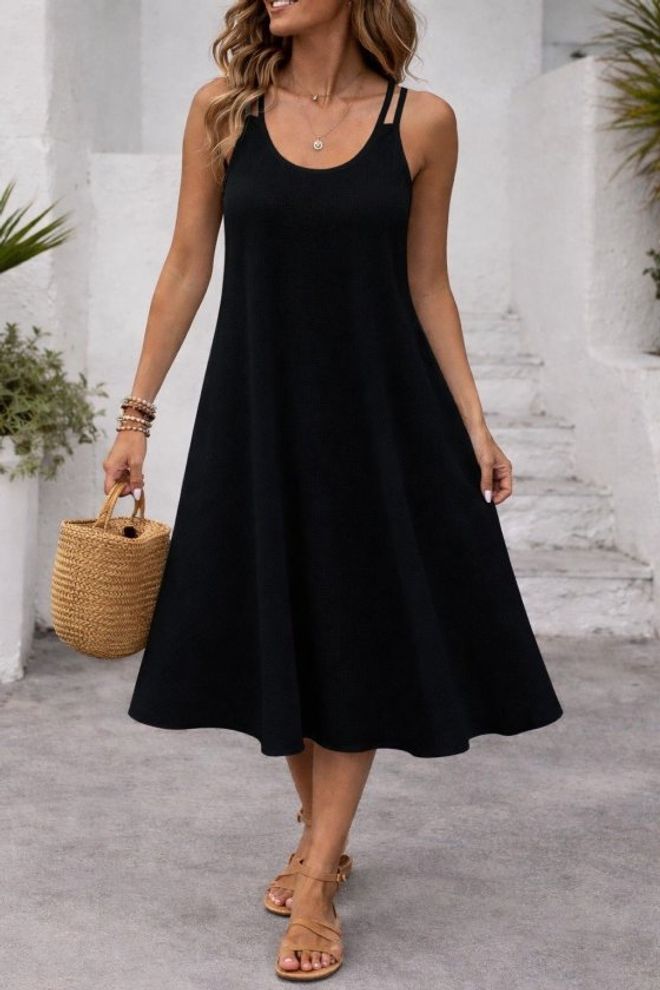 Janes Schwarzes A Linien Kleid Mit Kappenärmeln Großhandelskleidung Lässig