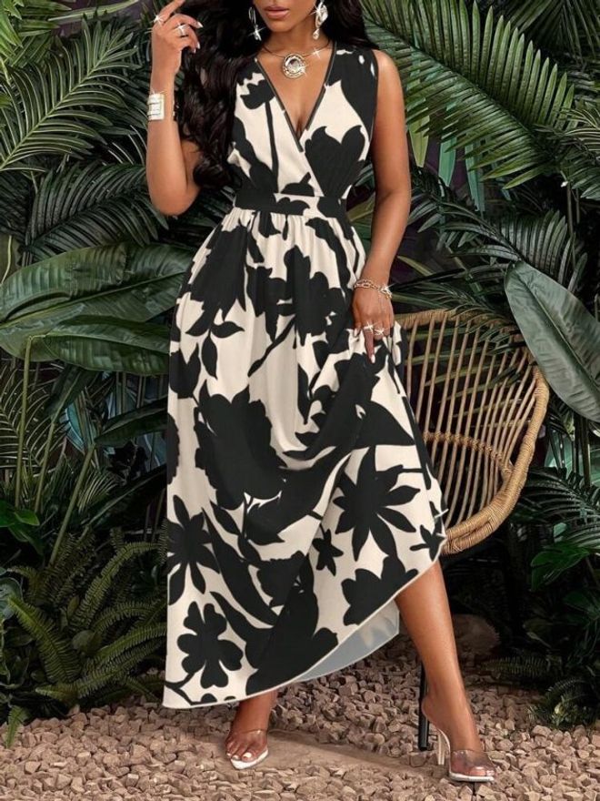 Janes Crna Maxi Cvjetna Haljina Na Preklop S Dubokim Izrezom Veleprodaja odjeće Ležerni