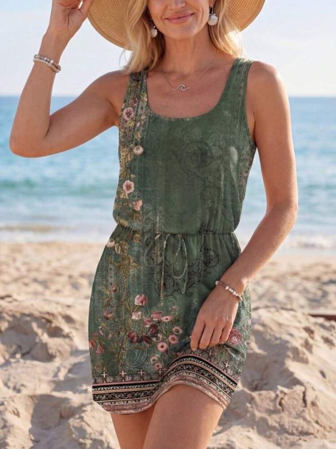 Janes Zelena Ležerna Boho Slatka Haljina Bez Rukava Mini Top S Okruglim Izrezom Veleprodaja odjeće Ležerni