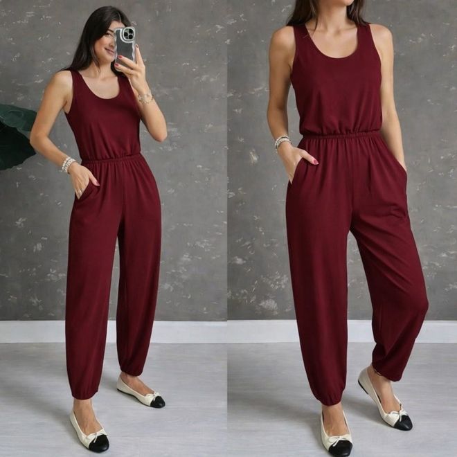 Janes Tuta Intera Bordeaux Casual Elegante Senza Maniche Infilabile Abbigliamento all'ingrosso Casuale