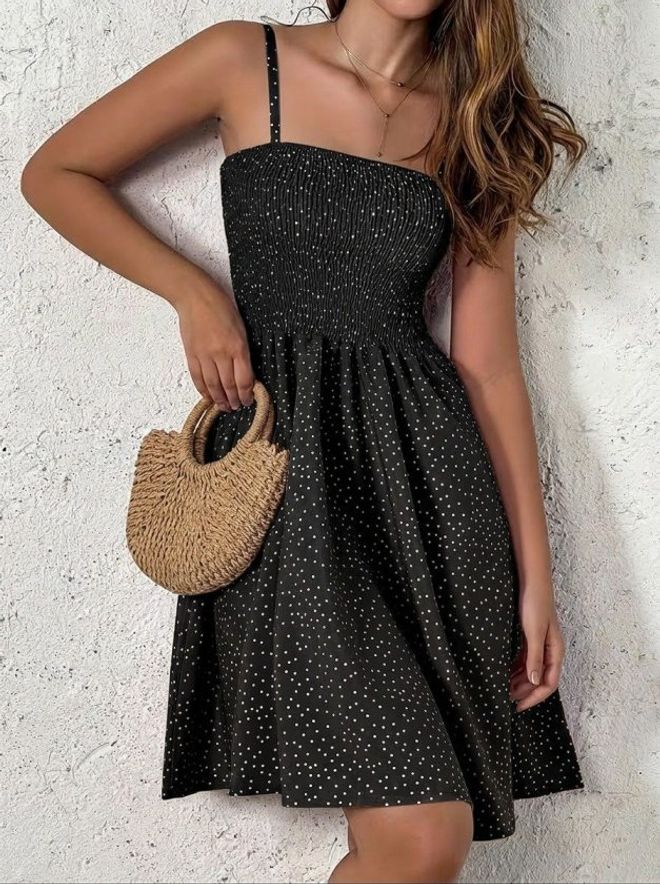 Janes Siyah Puantiye Fit And Flare Elbise Toptan Giyim Gündelik