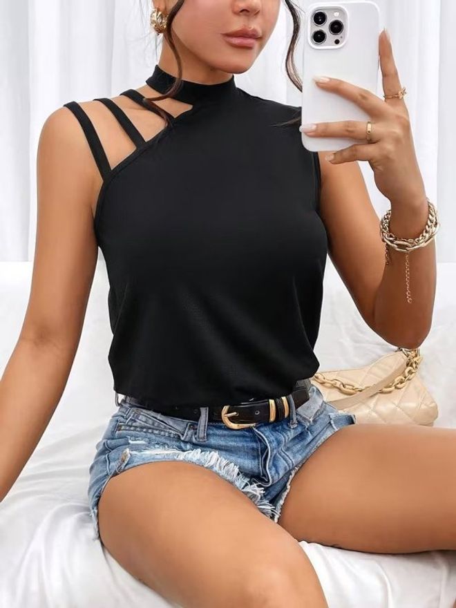 Janes Schwarze Slim Fit Bluse Mit Hohem Kragen Und Ärmellos Großhandelskleidung Lässig