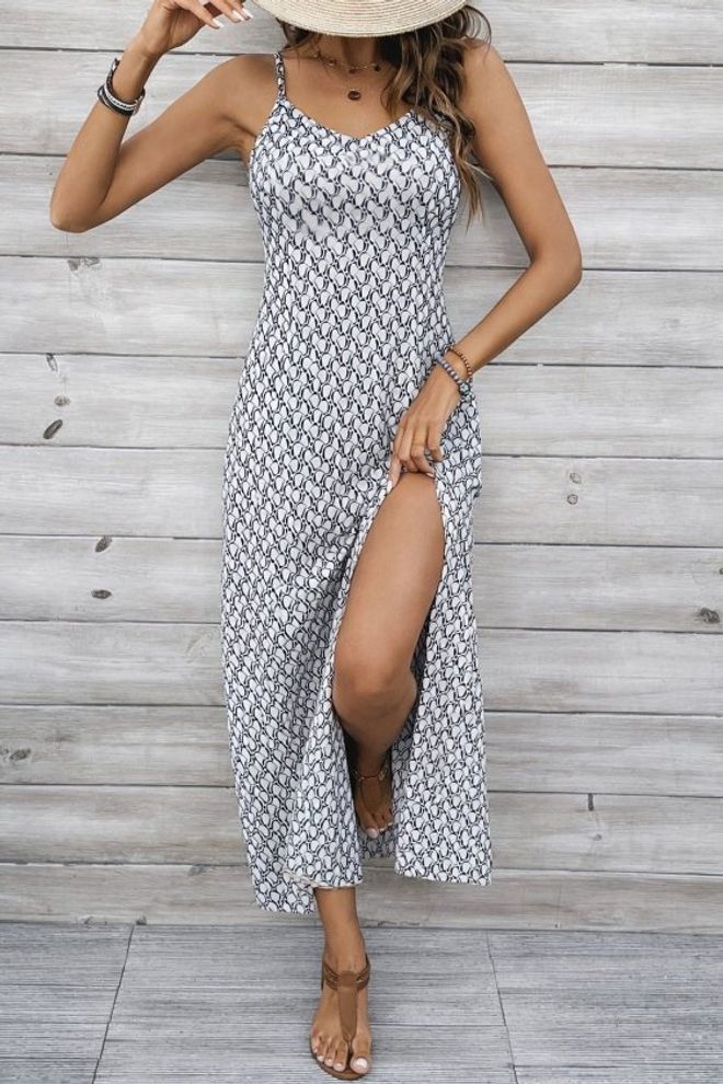 Janes White Maxi Slip Dress With V Neck Sleeveless Style Wholesale Clothing Casual