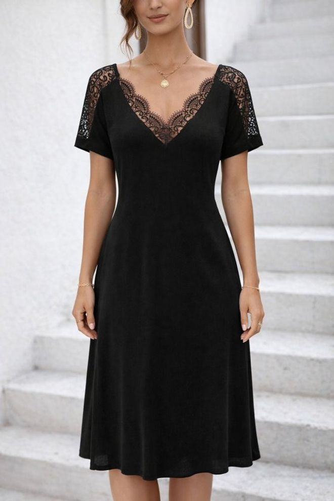 Janes Elegantes Schwarzes A Linien Kleid Mit V Ausschnitt Und Midi Länge Großhandelskleidung Sexy