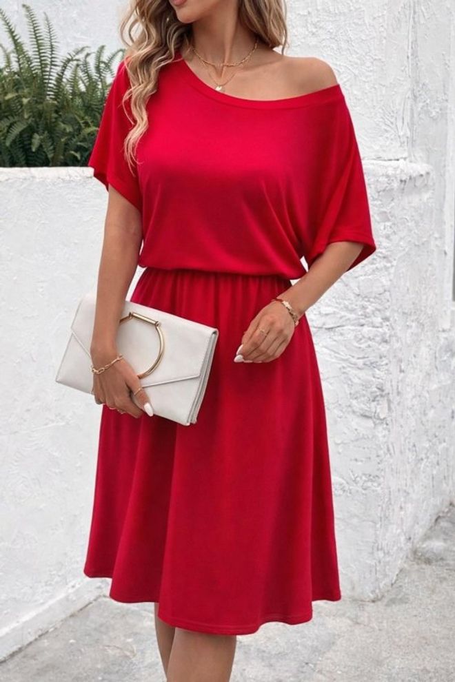 Janes Vestito Rosso Fit And Flare Con Scollo A Barca Abbigliamento all'ingrosso Casuale