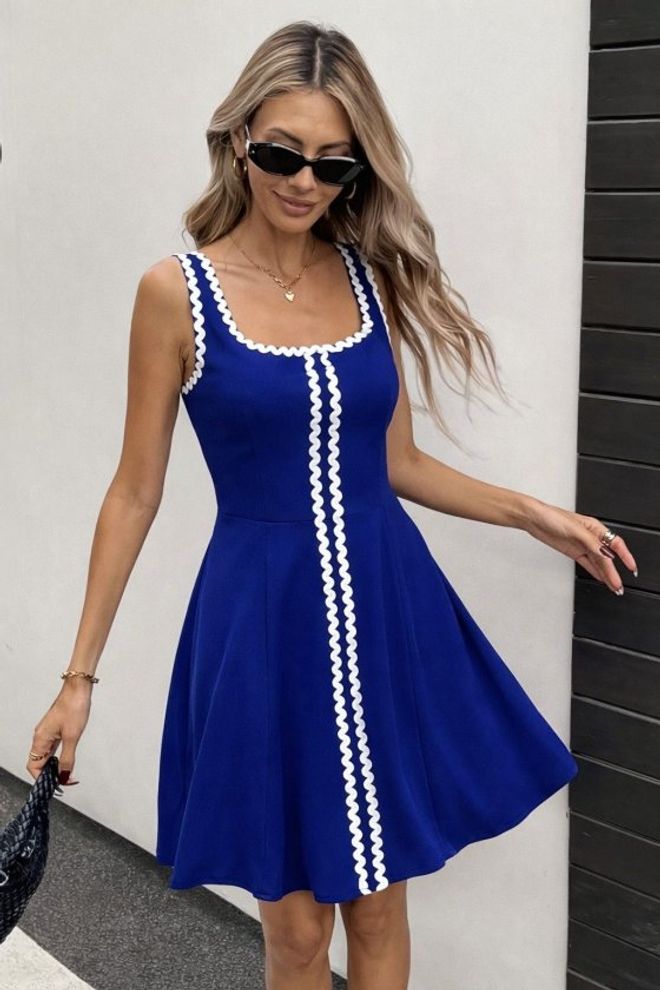 Janes Vestido Azul Fit And Flare Com Decote Quadrado Roupas por atacado Casual