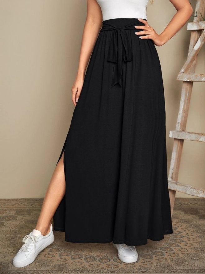 Janes Czarna Casual Skromna Elegancka Maxi Spódnica Z Rozcięciem I Wiązaniem W Pasie Hurtowa sprzedaż odzieży Skromny