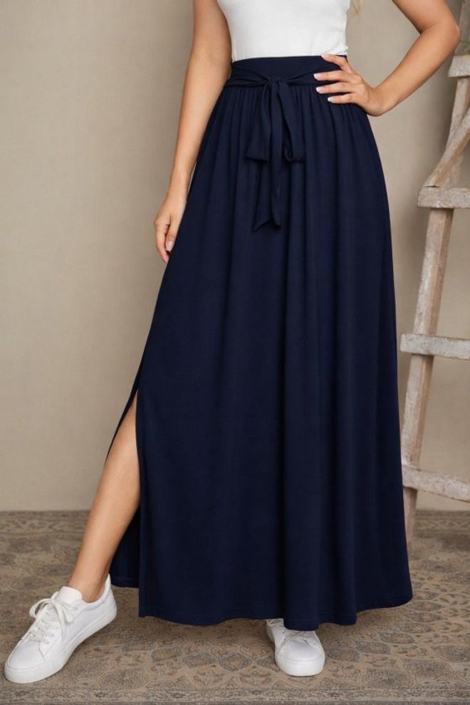 Janes Granatowa Rozkloszowana Maxi Spódnica Z Wysokim Stanem I Wiązaniem Hurtowa sprzedaż odzieży Skromny