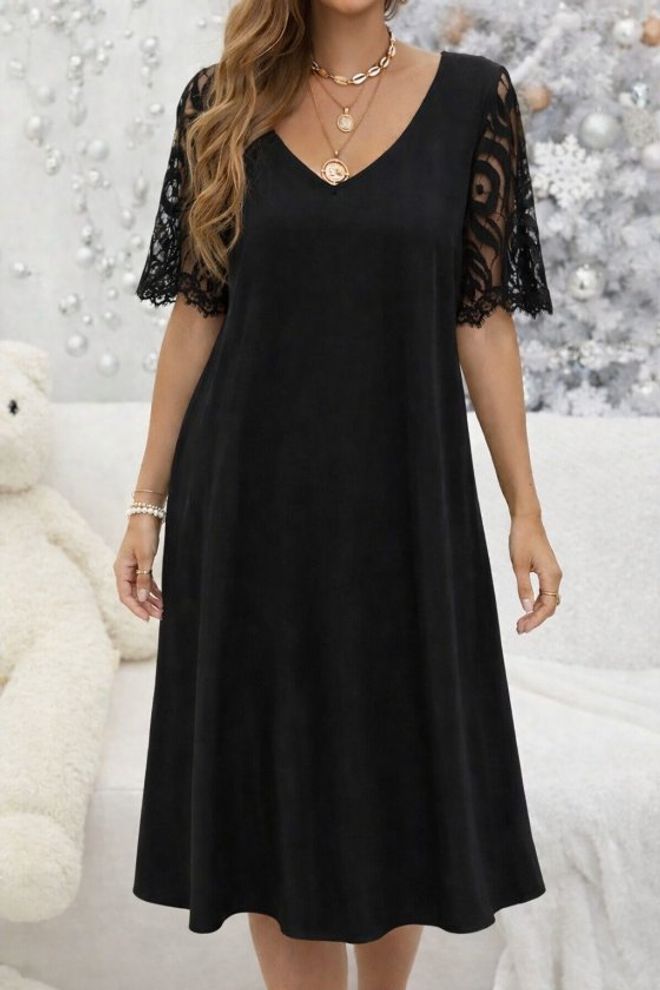 Janes Elegancka Czarna Sukienka W Kształcie Litery A Z Dekoltem W Serek Hurtowa sprzedaż odzieży Skromny