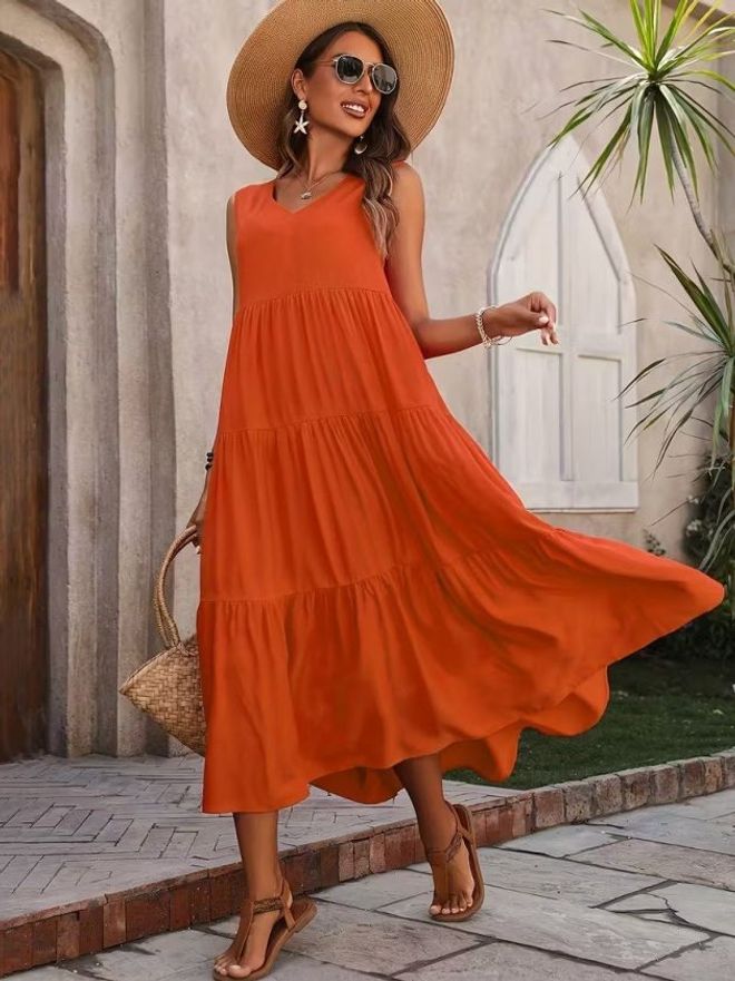 navy blue dress for baby girl Wholesale A-Line Loose Flower Print Pleated V-Neck Midi Dresses for your  store main image 0