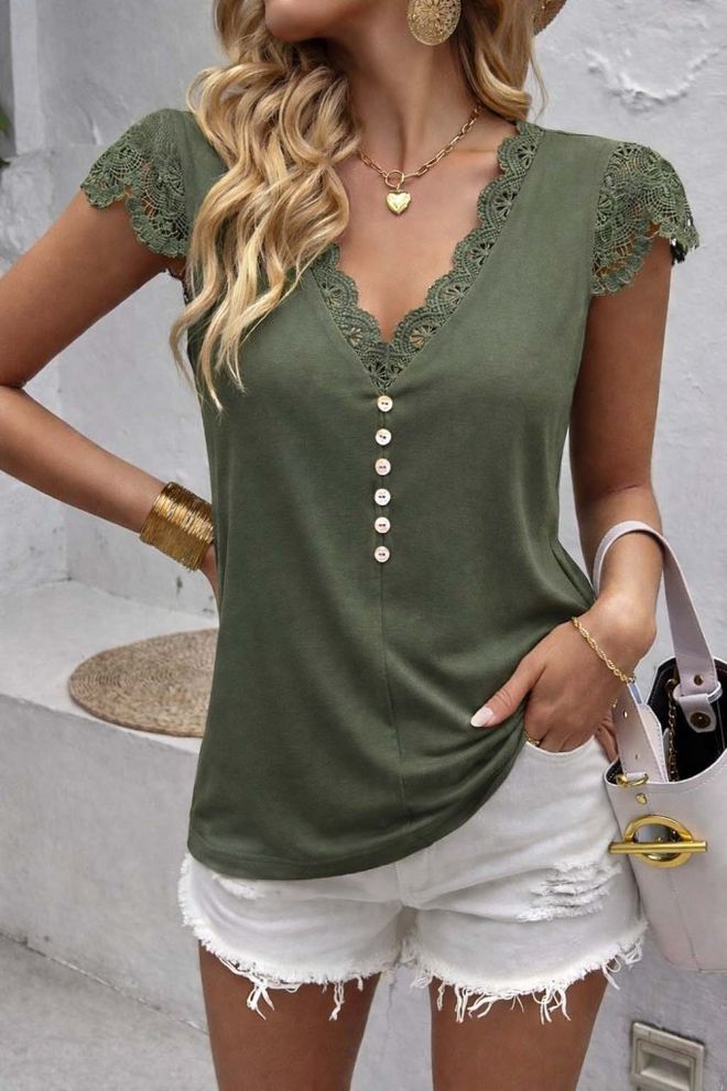 Janes Bluza Verde Boho Casual Cu Mâneci Scurte Cu Volane Îmbrăcăminte cu ridicata Casual