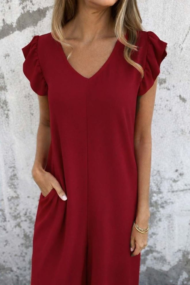 Janes Salopetă Roșu Bordo Cu Mâneci Scurte Cu Volane Îmbrăcăminte cu ridicata Casual