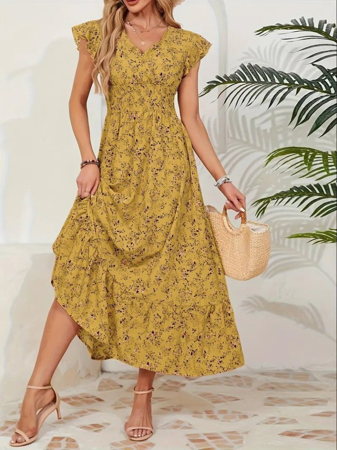 Janes Žlté Kvetinové Maxi Šaty Áčkového Strihu S Volánovými Krátkymi Rukávmi Veľkoobchod s oblečením Neformálny