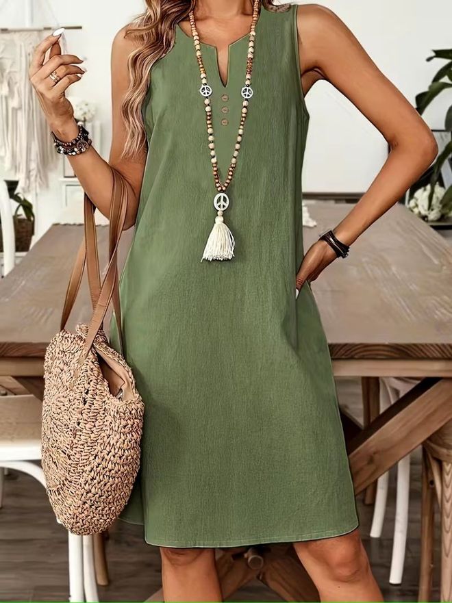 Janes Vestido Verde Tipo Shift Com Decote Entalhado E Mangas Japonesas Roupas por atacado Modesto