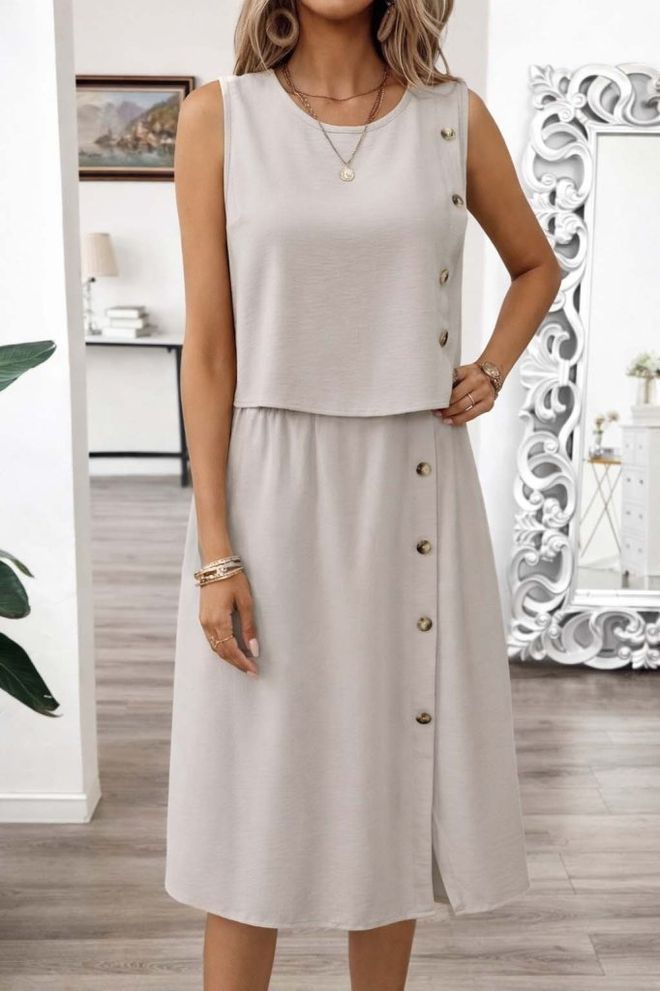 Janes Бежов Без Ръкави Костюм С Копчета И А линеен Миди Пола Дрехи на едро Небрежен