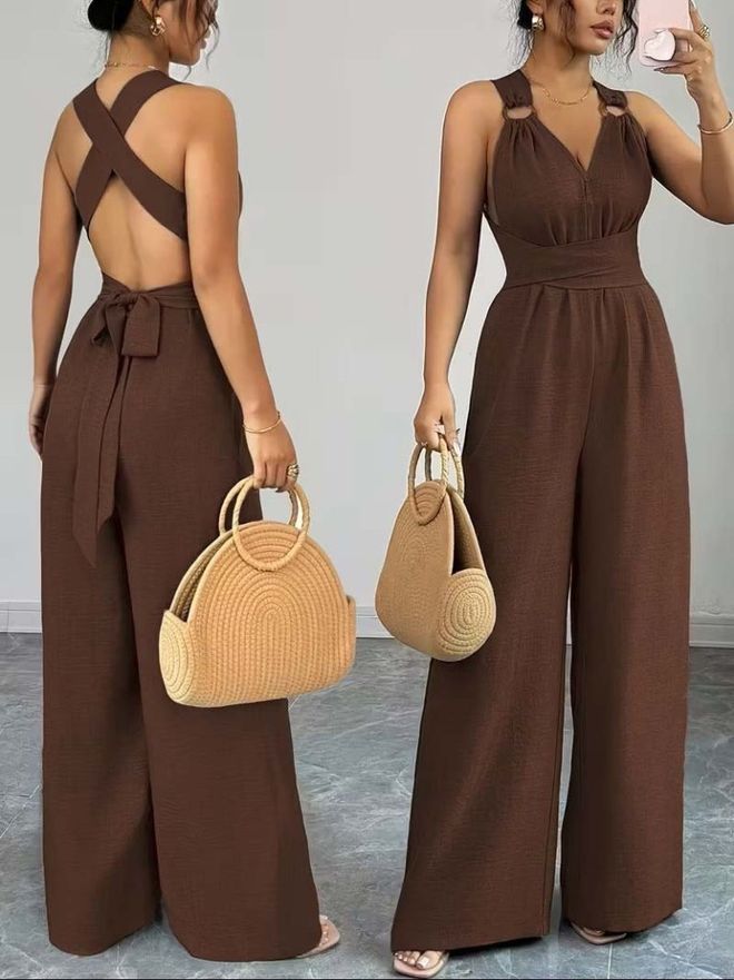 Janes Hnedý Elegantný Bez Rukávov Kombinéza S V výstrihom Veľkoobchod s oblečením Neformálny
