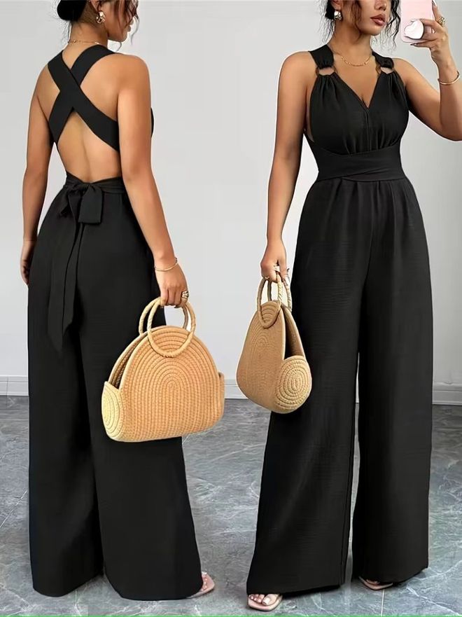 Janes Čierny Elegantný Overal Bez Rukávov S Výstrihom Do V Veľkoobchod s oblečením Neformálny