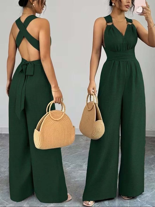 Janes Salopetă Verde Sexy Elegantă Fără Mâneci Cu Decolteu În V Îmbrăcăminte cu ridicata Casual