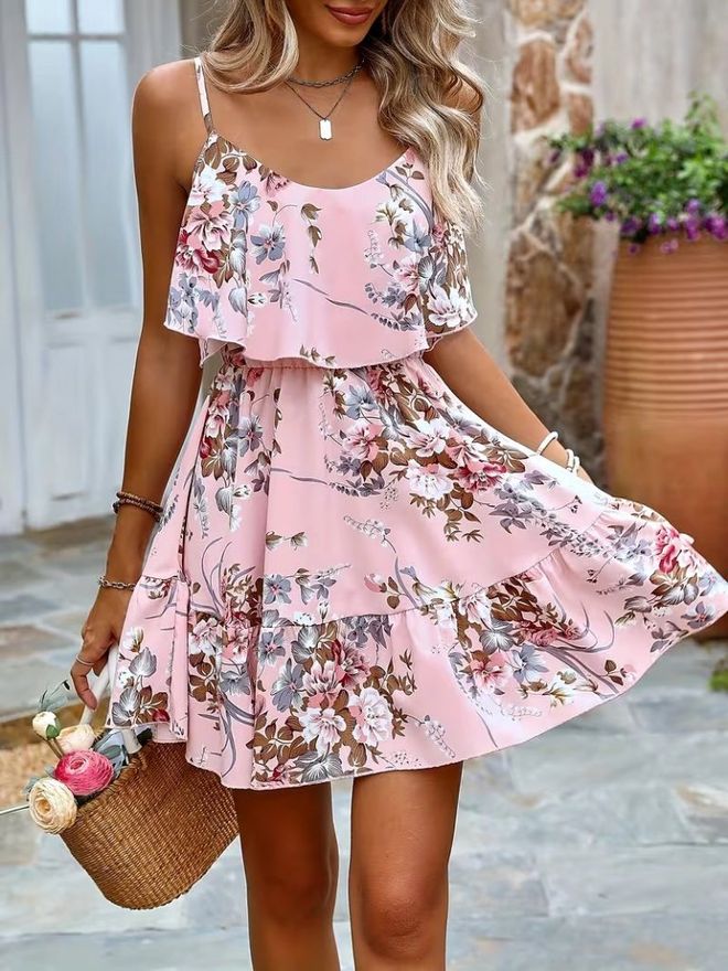 Janes Vestido Slip Mini Floral Rosa Sin Mangas Con Manga Aleteada Ropa al por mayor Casual
