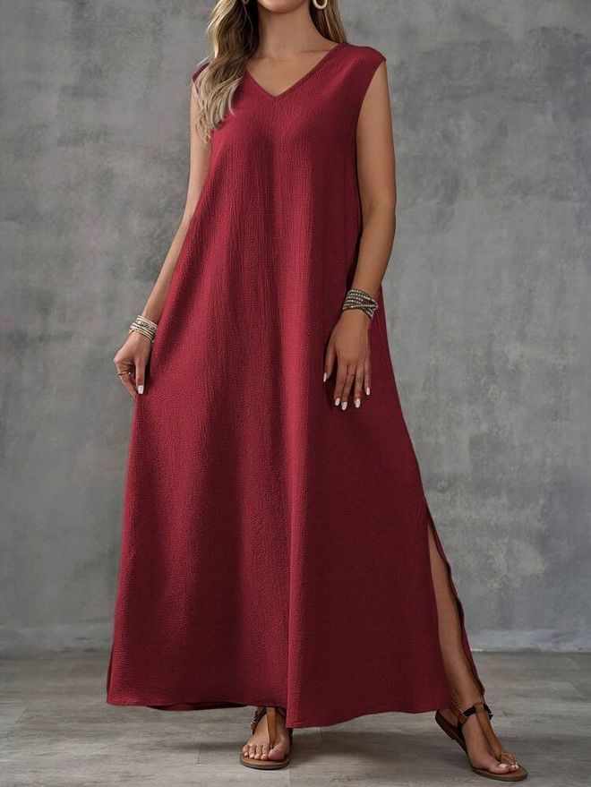 Janes Vestido Vermelho Clarete Linha A Com Decote Em V E Mangas Japonesas Roupas por atacado Modesto