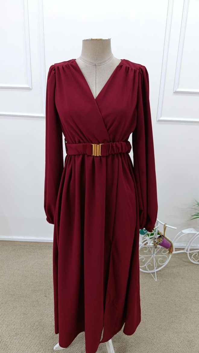 Janes Claret Red Elegant Wrap Dress With V Neck Wholesale Clothing Fall