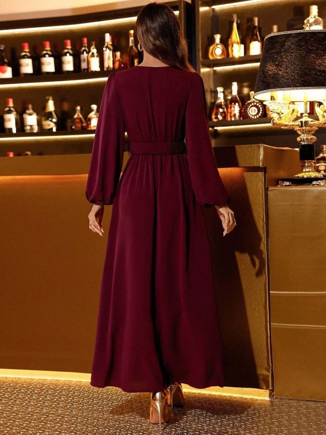 Janes Claret Red Elegant Wrap Dress With V Neck Wholesale Clothing 1
