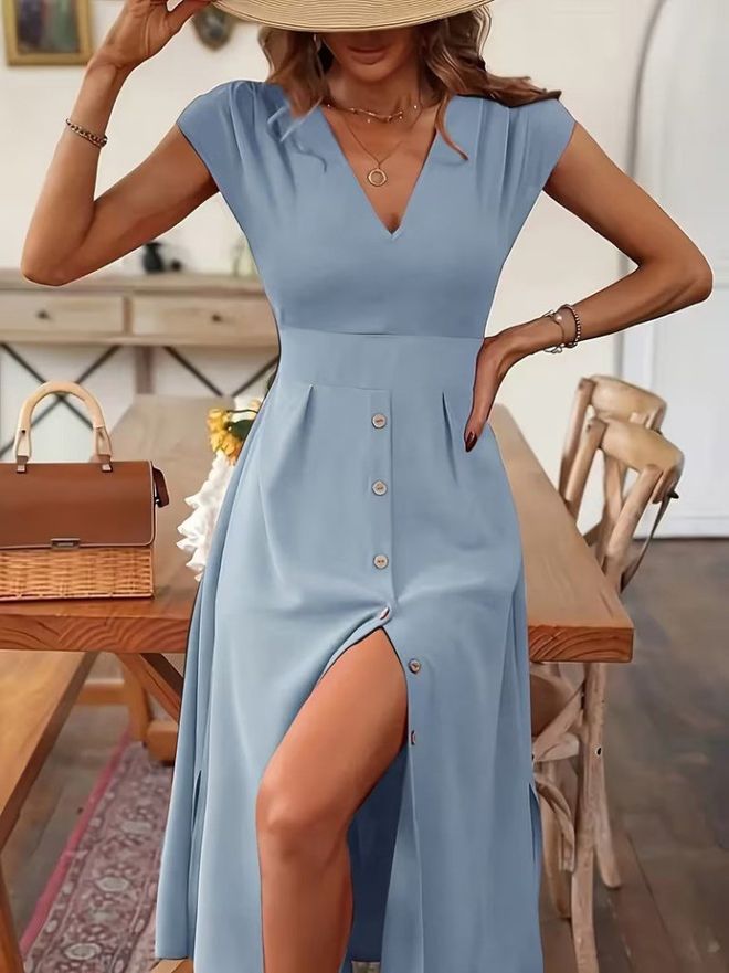 Janes Rochie Albastră Fit & Flare Cu Decolteu În V Și Lungime Midi Îmbrăcăminte cu ridicata Casual