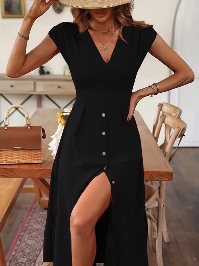 Janes Rochie Neagră Fit & Flare Cu Decolteu În V Și Lungime Midi Îmbrăcăminte cu ridicata Casual