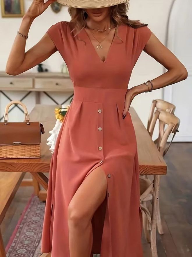 Janes Elegantné Oranžové Midi Šaty Áčkového Strihu S Cap Sleeve Rukávmi Veľkoobchod s oblečením Neformálny